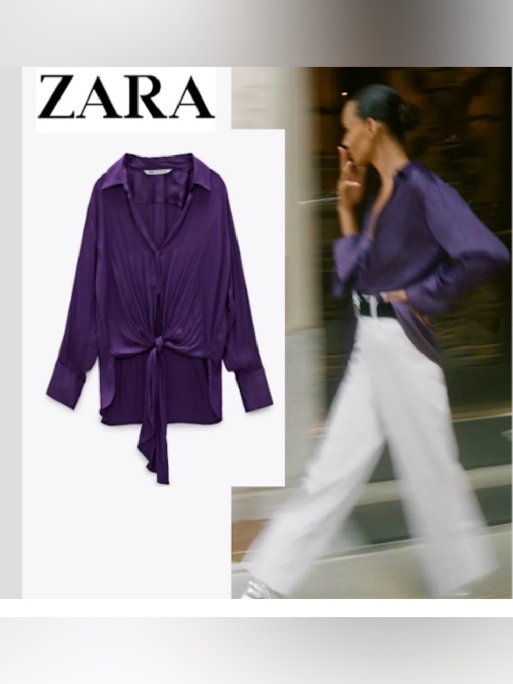Zara purple tie front knotted button down dress shirt long sleeve XS satin